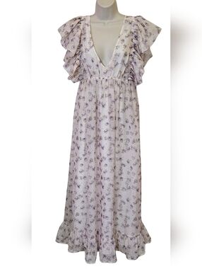 Arula Cream/Pink/Purple Multi Floral Ruffle Shoulder Maxi Dress,X-Large,NWT